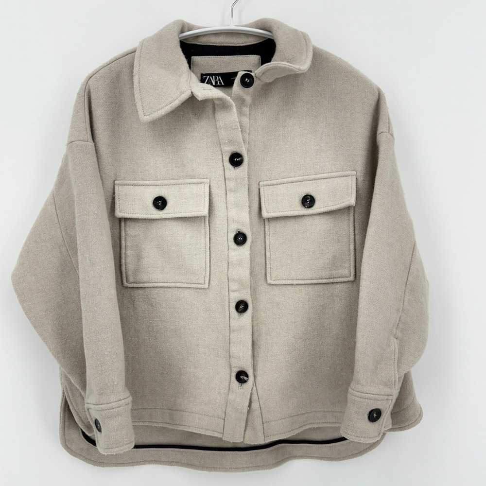 ZARA Oversized Shacket Beige Button Front Long Sleeve Utility Jacket Women L - Picture 7 of 8